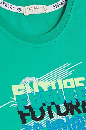 BREEZE GİRLS & BOYS Erkek Çocuk Tişört Renkli Yazı Baskılı 8-14 Yaş, Yeşil