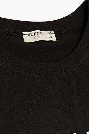 BREEZE Kız Çocuk Crop Tişört Kolları Düğme Aksesuarlı Simli Yazı Baskılı 9-16 Yaş, Siyah