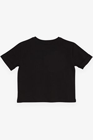 BREEZE Kız Çocuk Crop Tişört Kolları Düğme Aksesuarlı Simli Yazı Baskılı 9-16 Yaş, Siyah