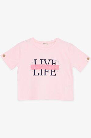 BREEZE Kız Çocuk Crop Tişört Kolları Düğme Aksesuarlı Simli Yazı Baskılı 9-16 Yaş, Pembe