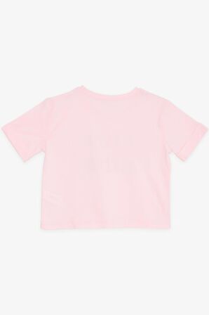 BREEZE Kız Çocuk Crop Tişört Kolları Düğme Aksesuarlı Simli Yazı Baskılı 9-16 Yaş, Pembe