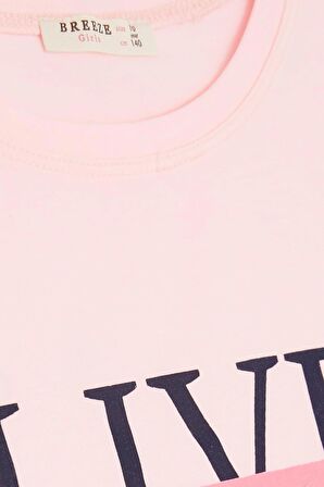 BREEZE Kız Çocuk Crop Tişört Kolları Düğme Aksesuarlı Simli Yazı Baskılı 9-16 Yaş, Pembe