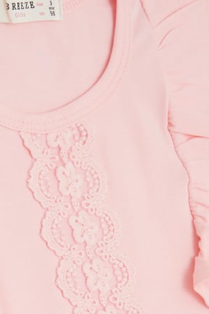 Breeze Kız Çocuk Tişört Fırfırlı Güpür Nakışlı 3-8 Yaş, Pembe