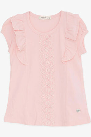 Breeze Kız Çocuk Tişört Fırfırlı Güpür Nakışlı 3-8 Yaş, Pembe