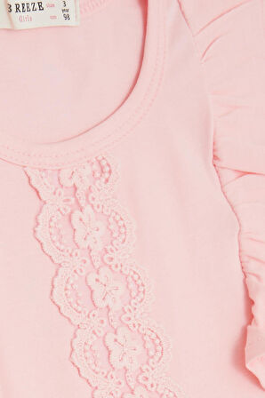 Breeze Kız Çocuk Tişört Fırfırlı Güpür Nakışlı 3-8 Yaş, Pembe
