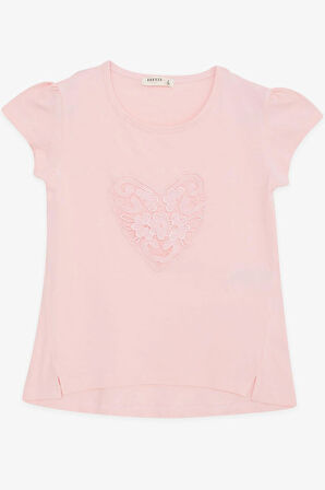 Breeze Kız Çocuk Tişört Kalp Çiçek Nakışlı 4-8 Yaş, Pembe