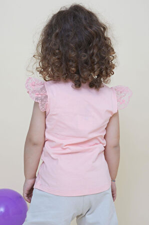 Breeze Kız Çocuk Tişört Çılgın Kız Baskılı Kolları Nakış Güpürlü 1.5-5 Yaş, Somon