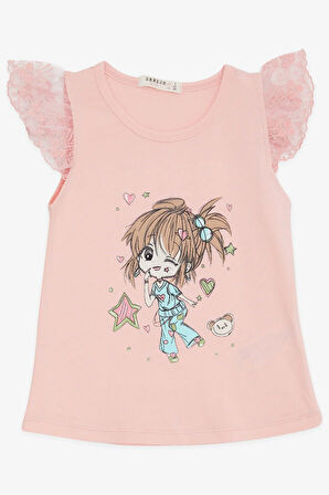 Breeze Kız Çocuk Tişört Çılgın Kız Baskılı Kolları Nakış Güpürlü 1.5-5 Yaş, Somon