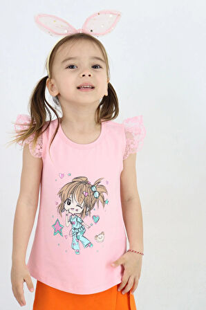 Breeze Kız Çocuk Tişört Çılgın Kız Baskılı Kolları Nakış Güpürlü 1.5-5 Yaş, Pembe