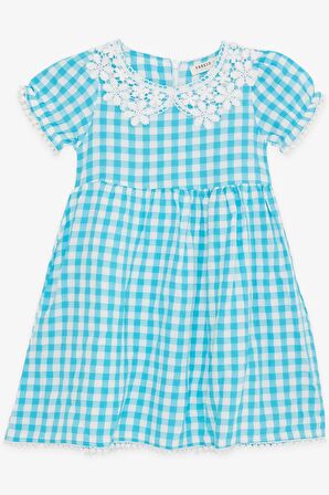 BREEZE Kız Çocuk Elbise Ekose Desenli Güpürlü 2-6 Yaş, Turkuaz