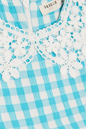 BREEZE Kız Çocuk Elbise Ekose Desenli Güpürlü 2-6 Yaş, Turkuaz