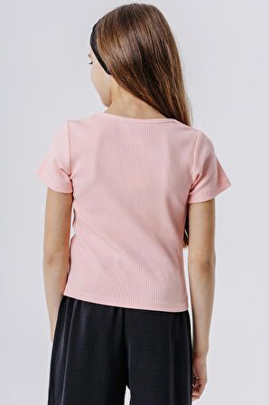 BREEZE Kız Çocuk Crop Tişört Fitilli Kare Yaka 9-14 Yaş, Somon