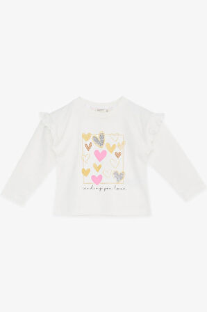 Breeze Kız Çocuk Uzun Kollu Tişört Simli Kalp Baskılı Fırfırlı 1-4 Yaş, Ekru