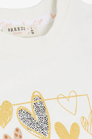 Breeze Kız Çocuk Uzun Kollu Tişört Simli Kalp Baskılı Fırfırlı 1-4 Yaş, Ekru