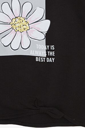 Breeze Kız Çocuk Tişört Yaz Temalı Çiçek Desenli 9-14 Yaş, Siyah