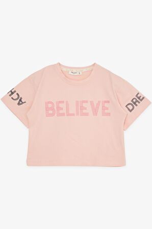 BREEZE Kız Çocuk Kapri Taytlı Crop Takım Yazı Baskılı 8-12 Yaş, Somon