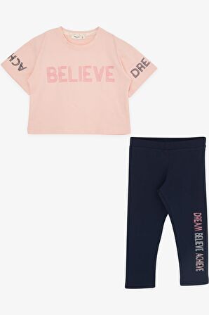BREEZE Kız Çocuk Kapri Taytlı Crop Takım Yazı Baskılı 8-12 Yaş, Somon