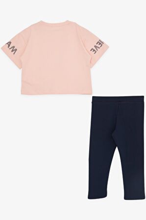 BREEZE Kız Çocuk Kapri Taytlı Crop Takım Yazı Baskılı 8-12 Yaş, Somon