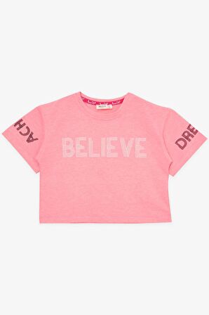 BREEZE Kız Çocuk Kapri Taytlı Crop Takım Yazı Baskılı 8-12 Yaş, Neon Pembe