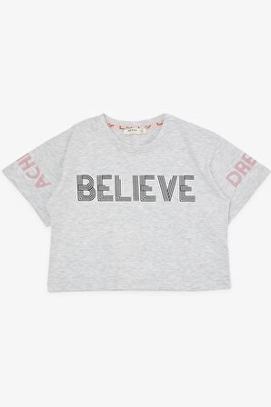 BREEZE Kız Çocuk Kapri Taytlı Crop Takım Yazı Baskılı 8-12 Yaş, Açık Gri Melanj