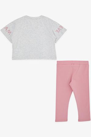 BREEZE Kız Çocuk Kapri Taytlı Crop Takım Yazı Baskılı 8-12 Yaş, Açık Gri Melanj