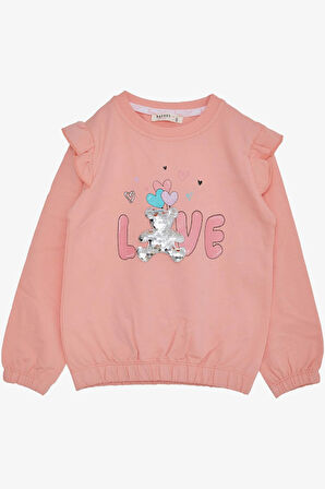 Breeze Kız Çocuk Sweatshirt Pullu Ayıcık Aksesuarlı Simli Yazı Baskılı 1.5-5 Yaş, Somon
