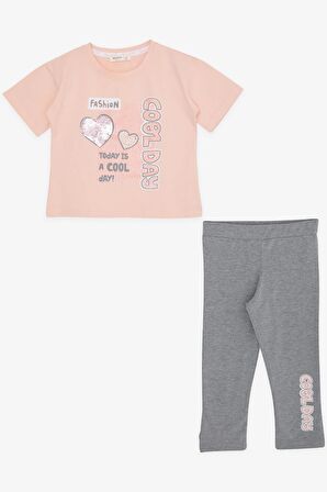 BREEZE Kız Çocuk Kapri Taytlı Takım Pullu Simli Yazı Baskılı 5-10 Yaş, Somon
