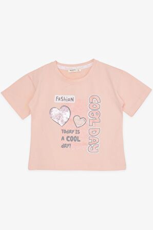 BREEZE Kız Çocuk Kapri Taytlı Takım Pullu Simli Yazı Baskılı 5-10 Yaş, Somon