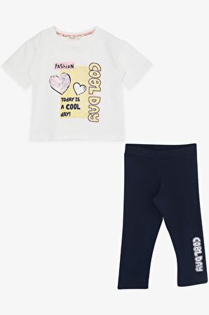 Breeze Kız Çocuk Kapri Taytlı Takım Pullu Simli Yazı Baskılı 5-10 Yaş, Ekru
