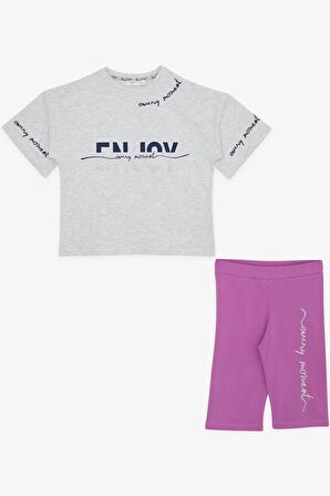 Breeze Kız Çocuk Şortlu Takım Yazı Baskılı 9-14 Yaş, Açık Gri Melanj