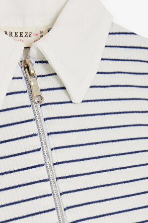 BREEZE Kız Çocuk Crop Tişört Fermuarlı Çizgili 9-14 Yaş, Beyaz