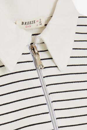 BREEZE Kız Çocuk Crop Tişört Fermuarlı Çizgili 9-14 Yaş, Ekru