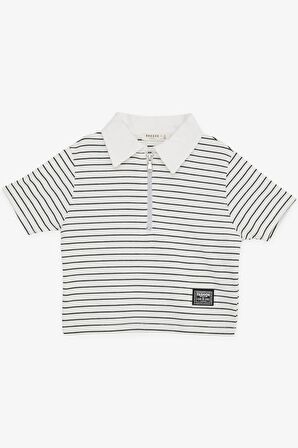 BREEZE Kız Çocuk Crop Tişört Fermuarlı Çizgili 9-14 Yaş, Ekru