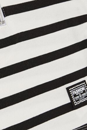 BREEZE Kız Çocuk Crop Tişört Fermuarlı Çizgili 9-14 Yaş, Ekru