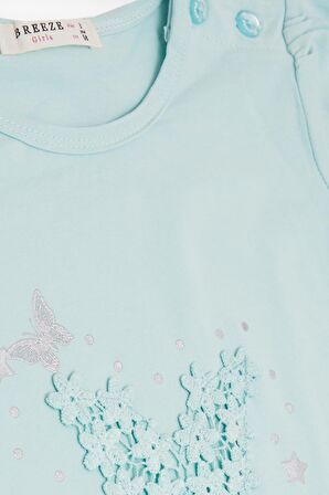 BREEZE Kız Bebek Tişört Kelebek Baskılı Nakışlı 9 Ay-3 Yaş, Su Yeşili