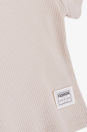 BREEZE Kız Çocuk Crop Tişört Omuzu Açık Detaylı Fitilli 9-14 Yaş, Bej