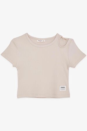 BREEZE Kız Çocuk Crop Tişört Omuzu Açık Detaylı Fitilli 9-14 Yaş, Bej