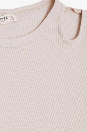 BREEZE Kız Çocuk Crop Tişört Omuzu Açık Detaylı Fitilli 9-14 Yaş, Bej