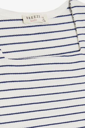 BREEZE Kız Çocuk Tişört Çizgili Kare Yaka Armalı 9-14 Yaş, Beyaz