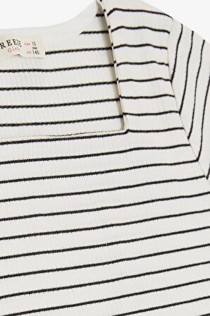 BREEZE Kız Çocuk Tişört Çizgili Kare Yaka Armalı 9-14 Yaş, Ekru