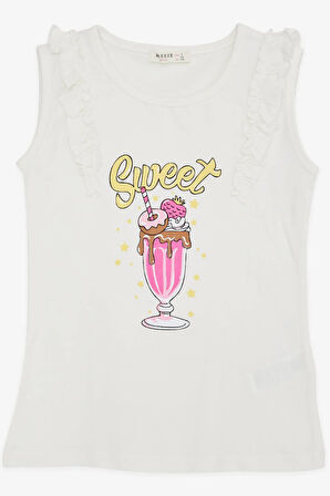 Breeze Kız Çocuk Tişört Omzu Fırfırlı Dondurma Baskılı 4-8 Yaş, Ekru