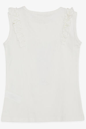 Breeze Kız Çocuk Tişört Omzu Fırfırlı Dondurma Baskılı 4-8 Yaş, Ekru