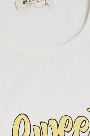 Breeze Kız Çocuk Tişört Omzu Fırfırlı Dondurma Baskılı 4-8 Yaş, Ekru