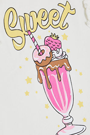 Breeze Kız Çocuk Tişört Omzu Fırfırlı Dondurma Baskılı 4-8 Yaş, Ekru