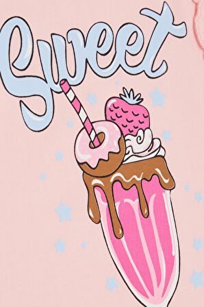 BREEZE Kız Çocuk Tişört Omuzu Fırfırlı Dondurma Baskılı 4-8 Yaş, Pembe