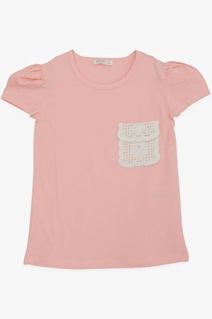 BREEZE Kız Çocuk Tişört Cebi Örgü Detaylı 6-12 Yaş, Somon