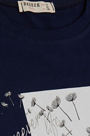 Breeze Kız Çocuk Tişört Çiçek Baskılı 9-14 Yaş, Lacivert