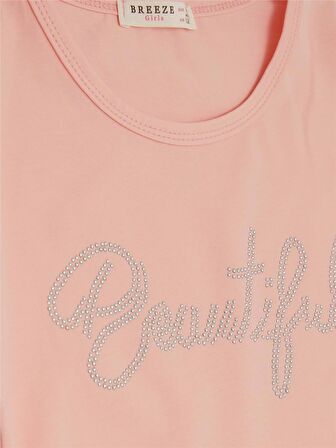 BREEZE Kız Çocuk Crop Tişört Taşlı Yazı Baskılı Yanları Büzgülü Fiyonklu 8-14 Yaş, Somon