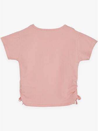 BREEZE Kız Çocuk Crop Tişört Taşlı Yazı Baskılı Yanları Büzgülü Fiyonklu 8-14 Yaş, Somon