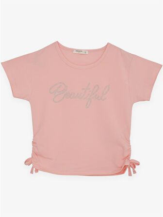 BREEZE Kız Çocuk Crop Tişört Taşlı Yazı Baskılı Yanları Büzgülü Fiyonklu 8-14 Yaş, Somon